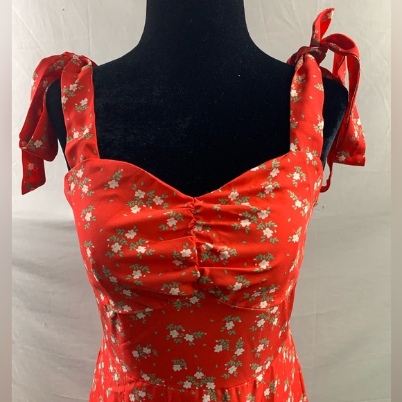 Red Ditsy Floral Print Ruched Bust Split Thigh Cami Dress - Picture 7 of 9